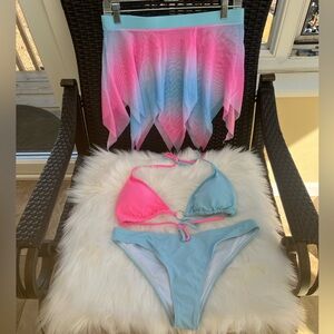NIP Pink and Light Blue Bikini with Ombre Sheer Cover-Up